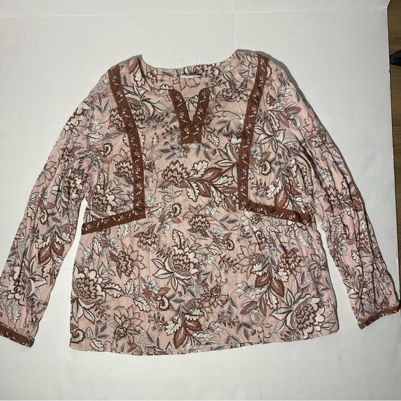 J Jill Floral Long Sleeve V Neck Bohemian Peasant Light Pink Blouse Medium Boho - Picture 2 of 8